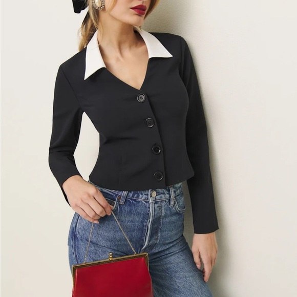 NWT REFORMATION Pia black top white collar long sleeve cropped size medium. - Picture 3 of 12